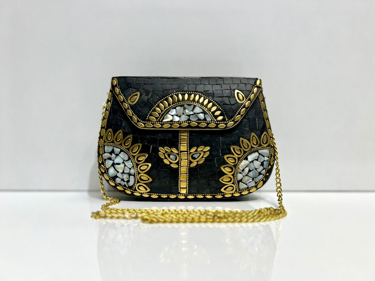 Metallic Crafted Purse | Black, Silver, And Gold Contrast Design | Clutches/Sling