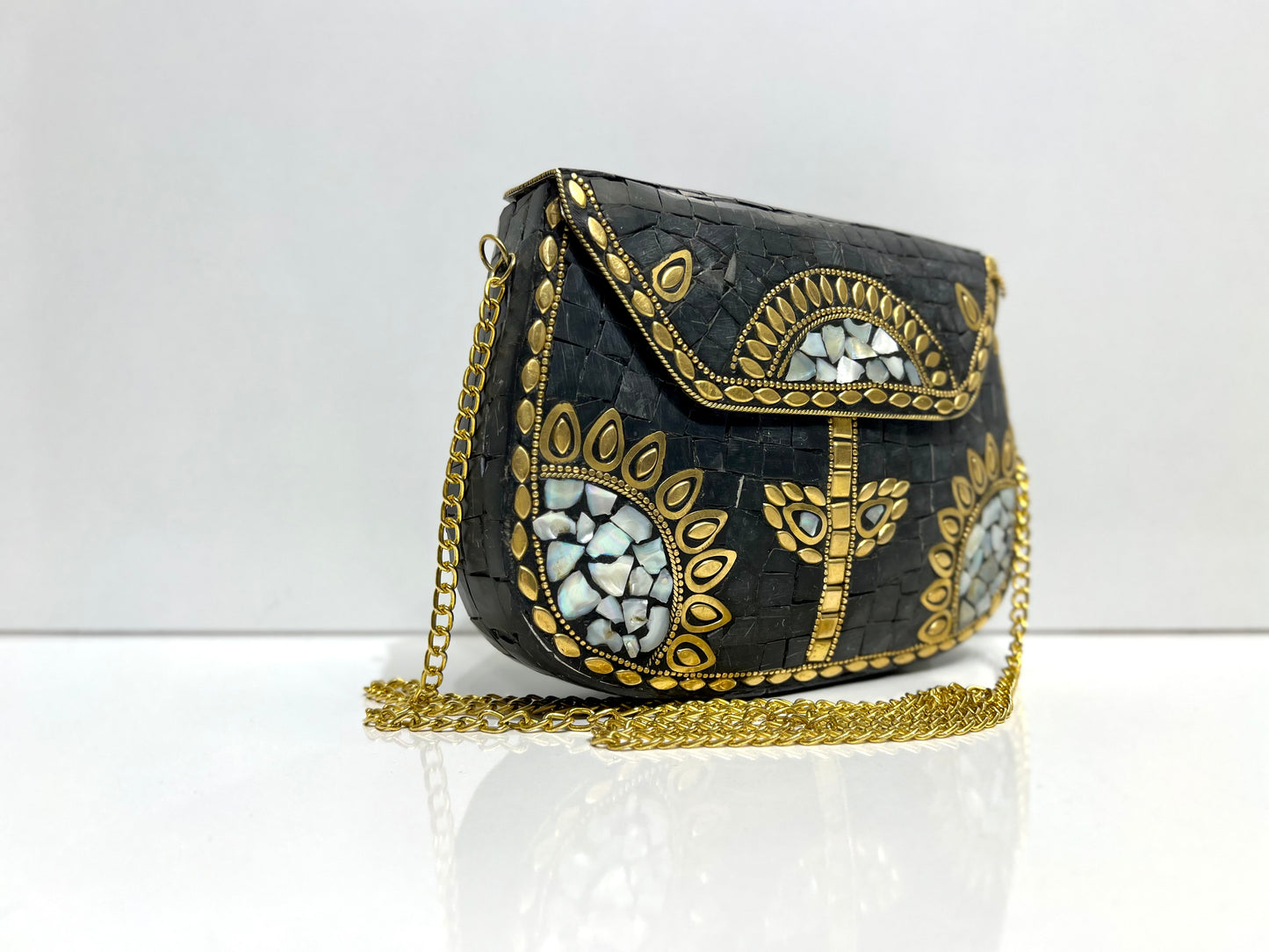 Metallic Crafted Purse | Black, Silver, And Gold Contrast Design | Clutches/Sling