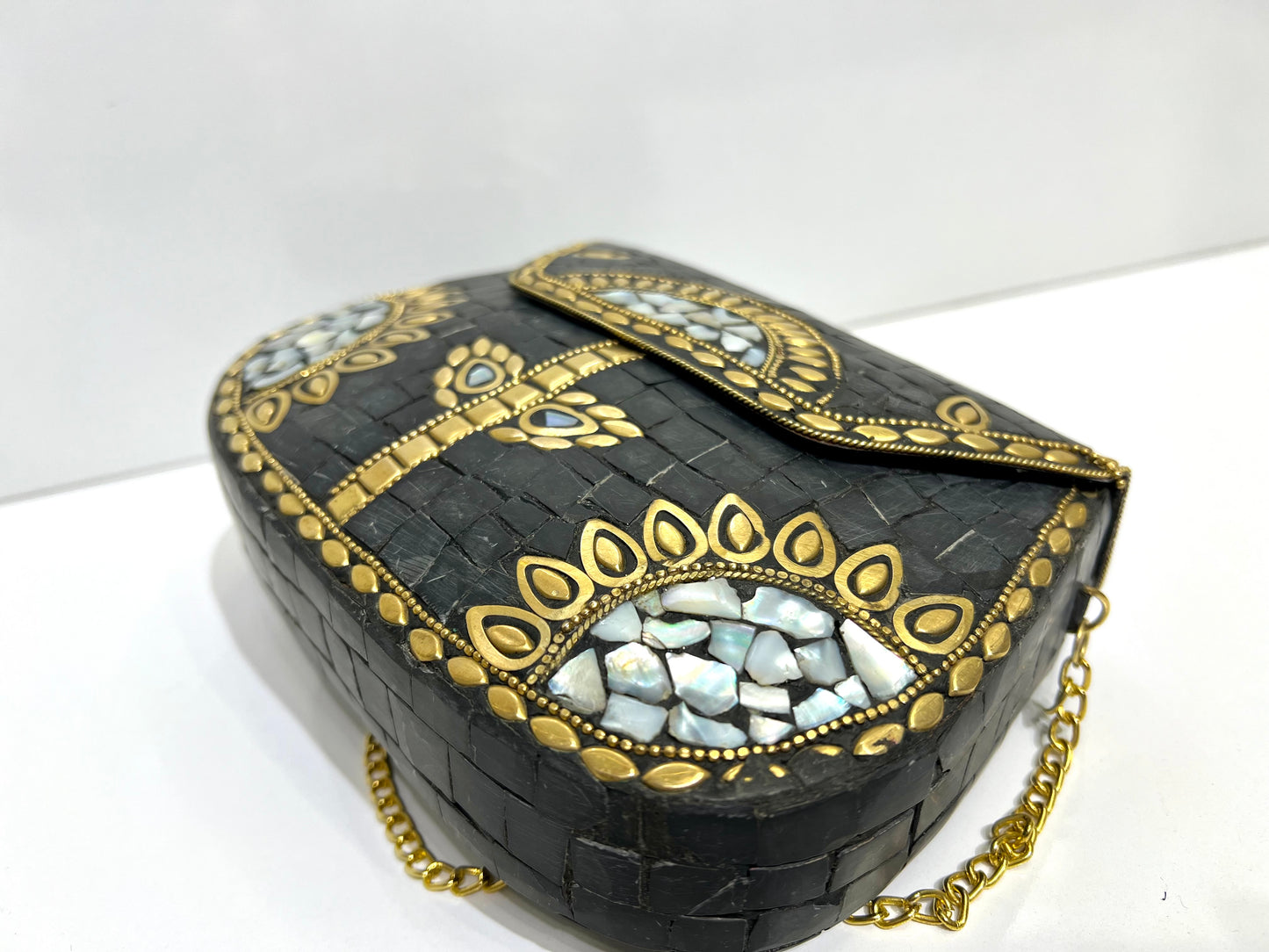 Metallic Crafted Purse | Black, Silver, And Gold Contrast Design | Clutches/Sling